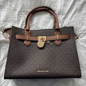 NWT Michael Kors Brown Medium Satchel with Tan Trim and Gold Hardware